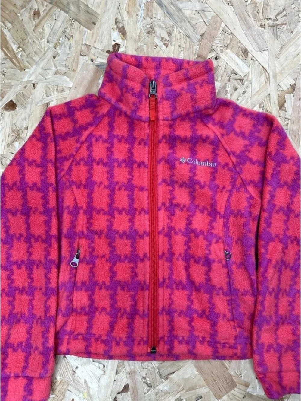Columbia Fleece Jacket Girls XXS Pink Purple Houndstooth Full Zip Mock Neck